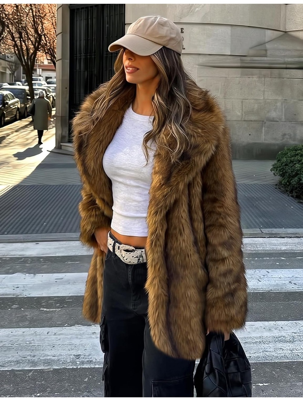 two toned Brown Faux Fur Coat - Women's Luxe Casual Jacket